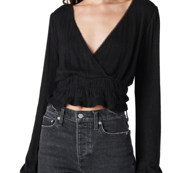 Lucky Brand Pointelle-Trim Surplice Top Jet Black XL New - Picture 8 of 10